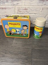 Vintage 1959 Peanuts Metal Lunch Box & Glass Thermos Charlie Brown Cool Lunchbox picture
