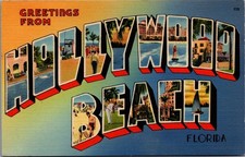 Greetings From Hollywood Beach Florida Large Letter Linen Postcard Tichnor picture