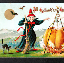 Witch Pumpkin Cauldron Cat Bat All Halloween Greetings Gottschalk 2040 PostCard picture