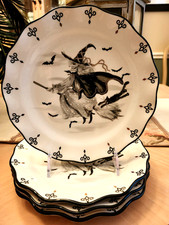 POTTER'S STUDIO 2026 HALLOWEEN FLYING WITCH ON BROOMSTICK SET OF 4 SIDE PLATES picture