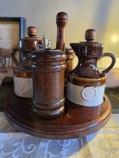 Vintage Mid-Century Stoneware & Wood Cruet Set with Rotating Lazy Susan... picture