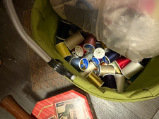 SINGER Tin Sewing Box w/ Mixed Notions Thread Spools Scissors Tape Measure picture