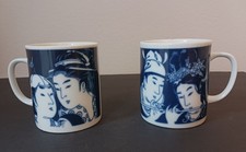 Beautiful VTG 2 Sato Gordon Blue & White Ceramic Mugs Man Woman Flute Japanese picture