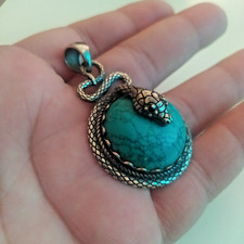 Ancient Vintage Victorian Pendant Sterling Silver Snake Amulet Turquoise Stone picture
