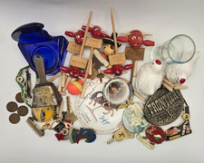 VTG estate junk drawer lot coins salt & pepper shakers cobalt blue lapel pins picture