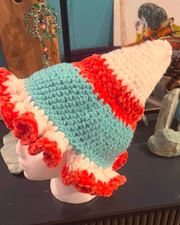 SALE Hand Crochet Witch Made Coral White Turquoise Boho Halloween SIZE LARGE Hat picture