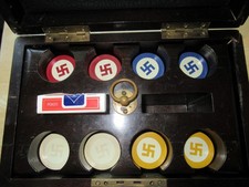 VINTAGE CREST & SEAL SWASTIKA CLAY POKER CHIPS (160) IN WOOD CASE* picture