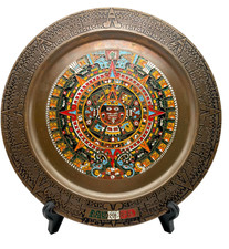 Vintage Aztec Calendar Copper Enamel Wall Plate, w/ Stand, Mexico Colorful 11