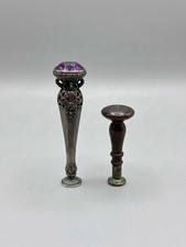 Vintage Antique Wax Seal Stamp Set Purple Glass Crystal Brass Turned Wood picture