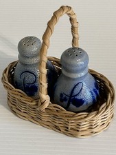 Vintage Blue Glazed Rustic Salt & Pepper Shakers w/ Basket Art Pottery Stoneware picture