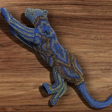 Huichol Beaded Big Cat/ Feline Sculpture – Handmade Mexican Folk Art – Blue Gold picture