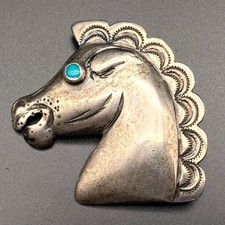Vintage Navajo Native Horse Turquoise Hand Stampwork Silver Repousse Brooch Pin picture