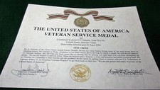 THE VETERAN SERVICE MEDAL CERTIFICATE Army Navy Air Force Marines Coast Guard picture