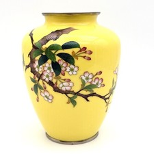 Vintage  Japanese Yellow Cloisonne Vase Glass Enamel Cherry Blossoms 6