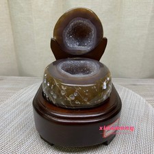 2.3LB  Natural Agate Treasure Basin Geode Crystal Cluster Specimen With Wooden B picture