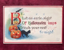 Antique 1910 Halloween Postcard~Embossed JOL~Bats~Black Cat~Bright Color picture