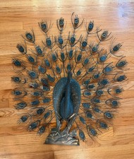 Large Vintage Mid Century Modern 1960s Blue Green Peacock Wall Hanging 34