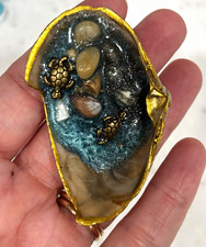 Decorative Resin-Filled Clam Shell w/ Turtle Charms, Stones, Gold Accents, Pouch picture