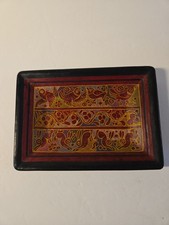 VTG Olinala Mexican Traditional Lacquer Wood Tray Hand Paint Birds Bunnies 7x5