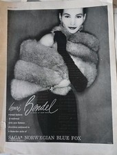 1955 Women's Saga Norwegian blue fox fur stole Henri Bendel vintage fashion ad picture