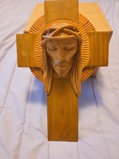 Vintage Jesus Christ Head on Cross Wood Wall Hanging 13