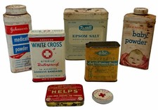Vintage Pharmacy Tin Lot Johnsons Rexall Mennen White Cross ABC Gauze & Floss picture