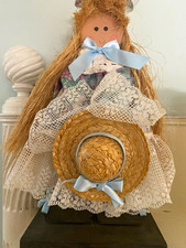 Vintage Wooden Shelf Sitter Doll Straw Hair picture