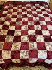VTG Crushed Velvet Burgundy & Champagne Checkerboard Patchwork Down Quilt Read  picture