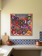 Large Huichol Wixarika Yarn Painting Nierika Beaded Peyote Deer Signed 24x24 picture