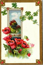  1913 Flowers & Four Leaf Clover With Gold Trim  Vintage Postcard picture