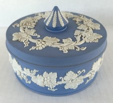 Wedgwood Blue Jasperware Round Trinket Box Grapevine Pattern picture