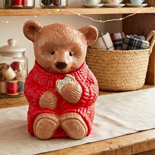 Vintage 1999 Hallmark Teddy Bear Cookie Jar Red Cable Knit Sweater Holiday 11.5