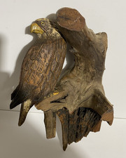 Antique Folk Art Carved Wood American Eagle on Perch Tree 13