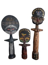 3 Vintage Hand Carved Wooden Statues Figures African Tribal Ancestral Fertility picture