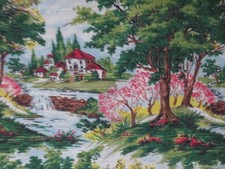Vintage Grandma Moses esque Barkcloth Drapery Fabric Never Used Scenic Fabric picture