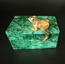 Sterling Silver vermeil Frog Lid malachite brass Hinged Trinket Jewelry Box picture